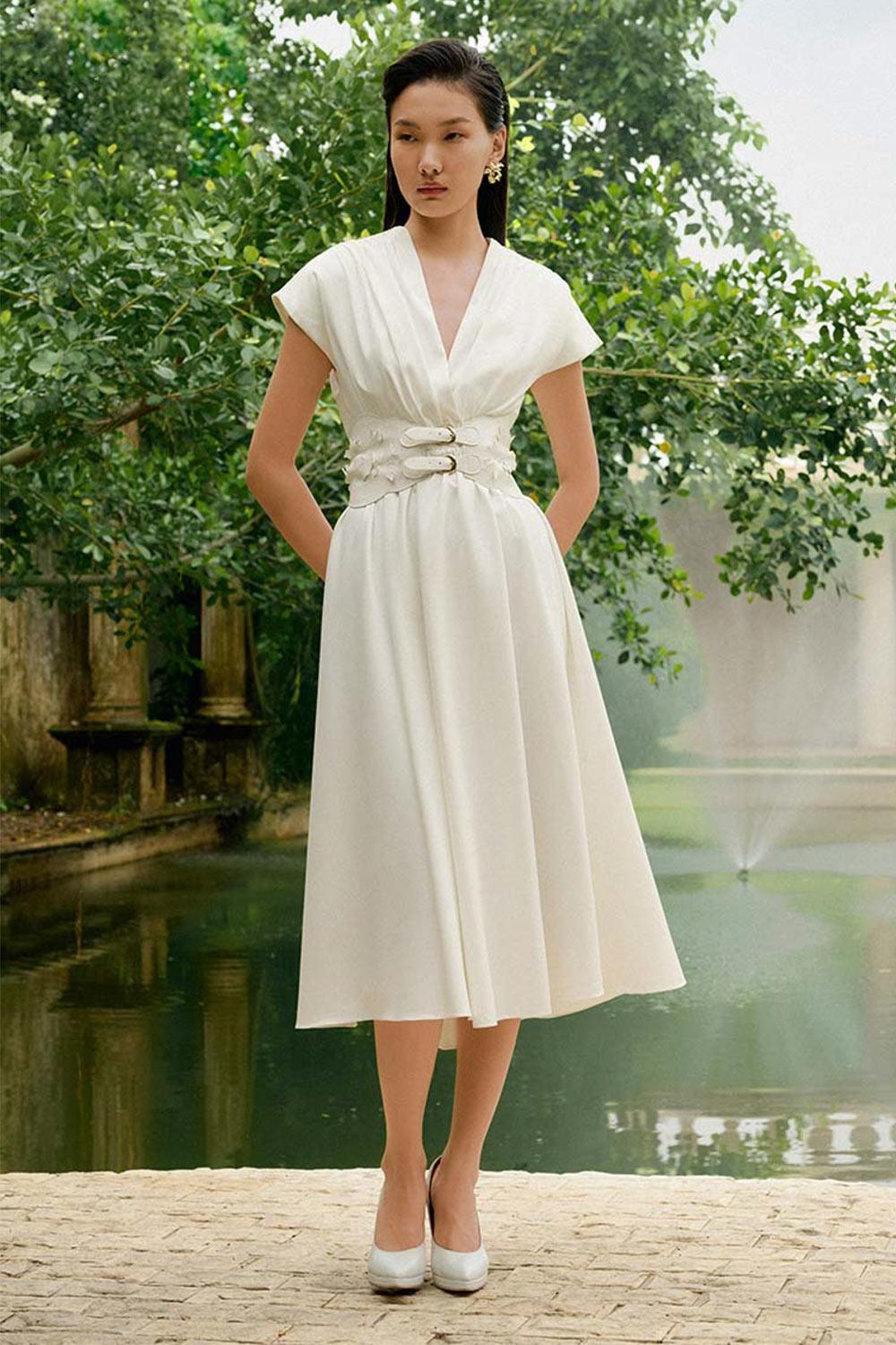 Women's Lidies Fit and Flare Cap Sleeved Cotton Calf Length Dress Customize White MEAN BLVD