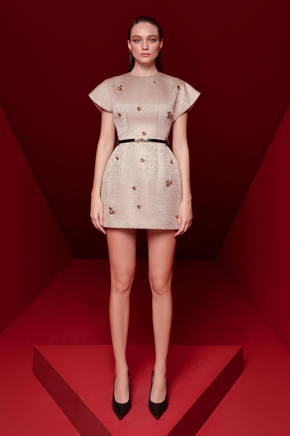 Lila A-line Round Neck Brocade Mini Dress - MEAN BLVD