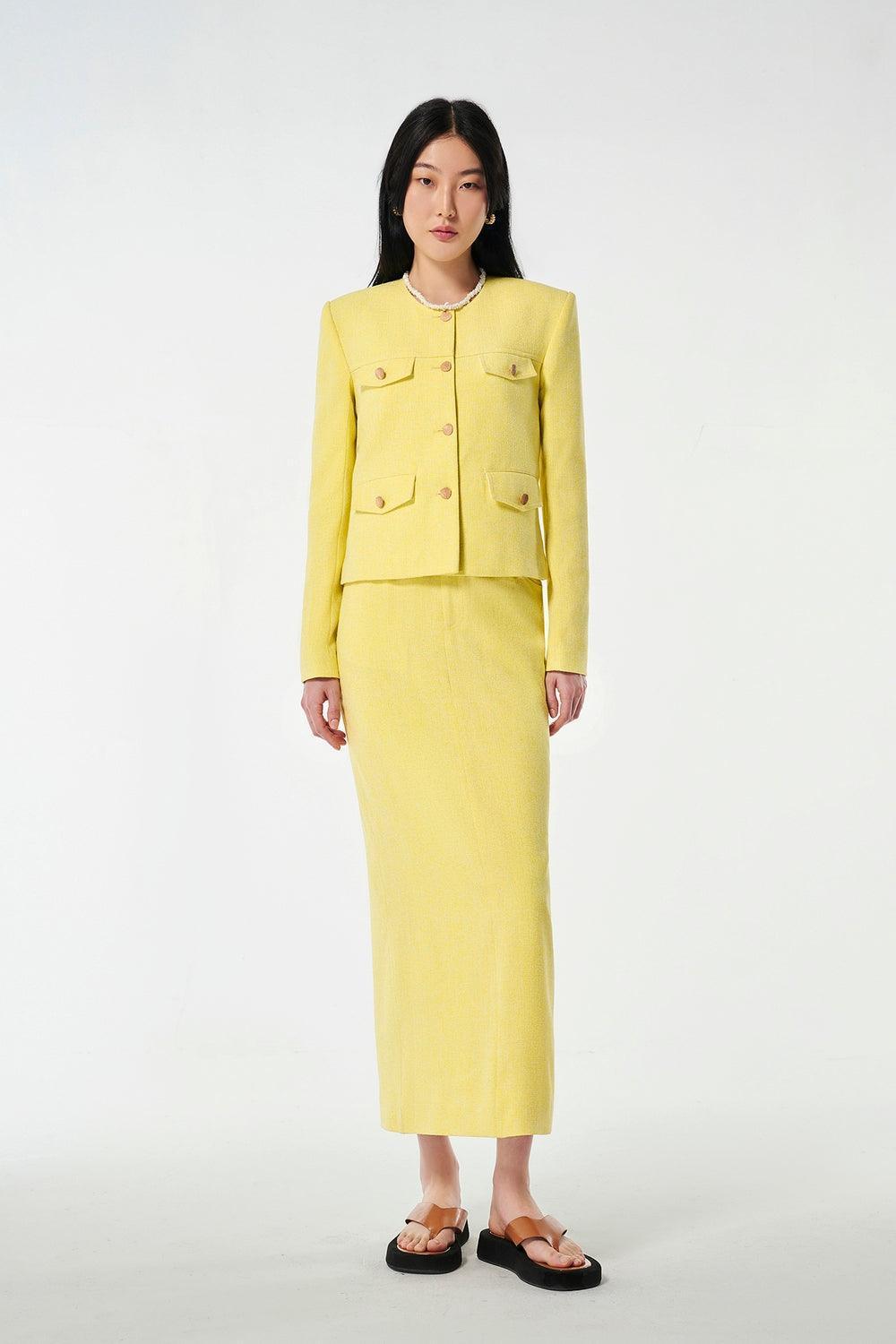 Lilia Pencil Back Slit Tweed Midi Skirt - MEAN BLVD