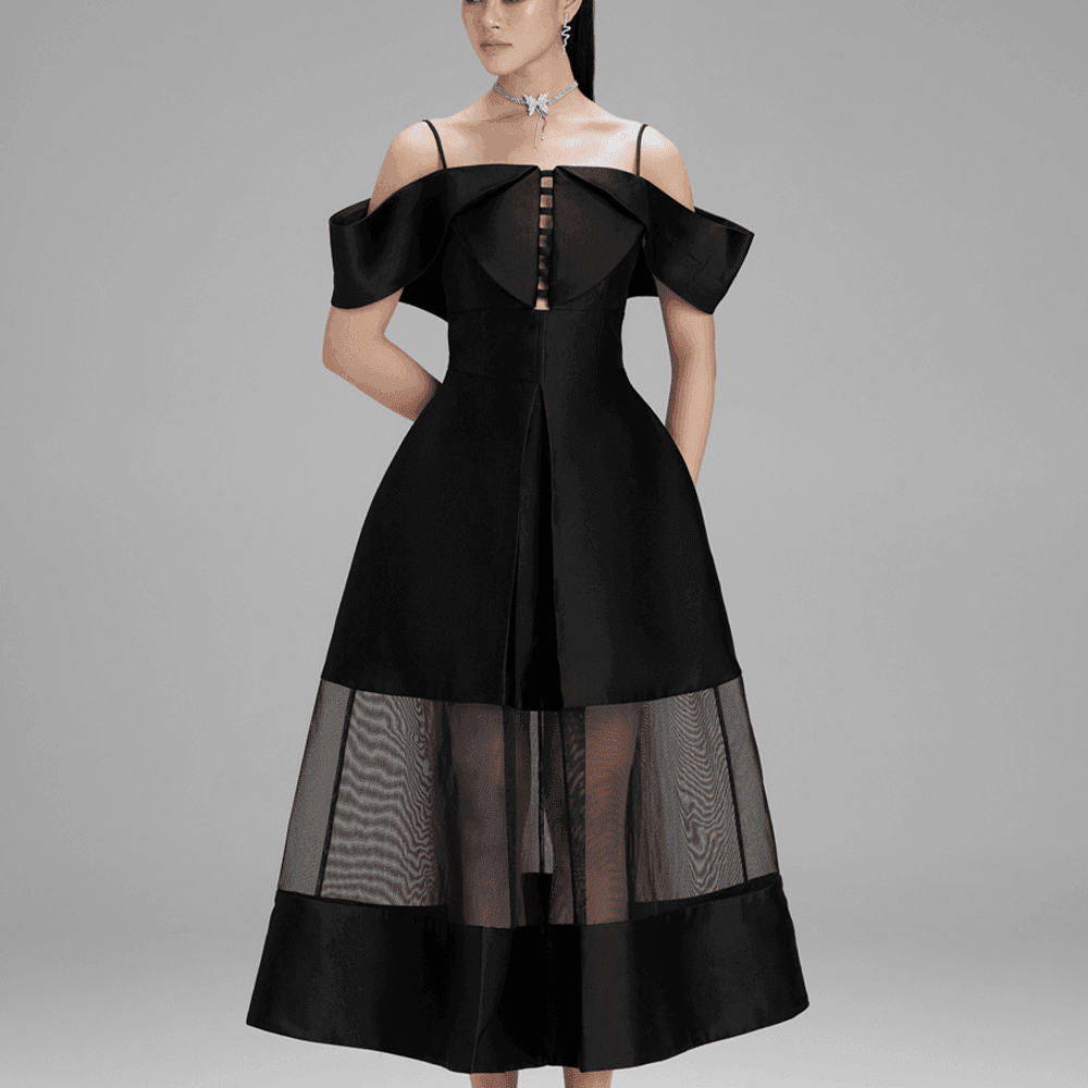 Women's Lily A-line Cold Shoulder Sleeved Taffeta Midi Dress S/M/L Black/White/Nude MEAN BLVD Women's Lily A-line Cold Shoulder Sleeved Taffeta Midi Dress S/M/L Black/White/Nude MEAN BLVD