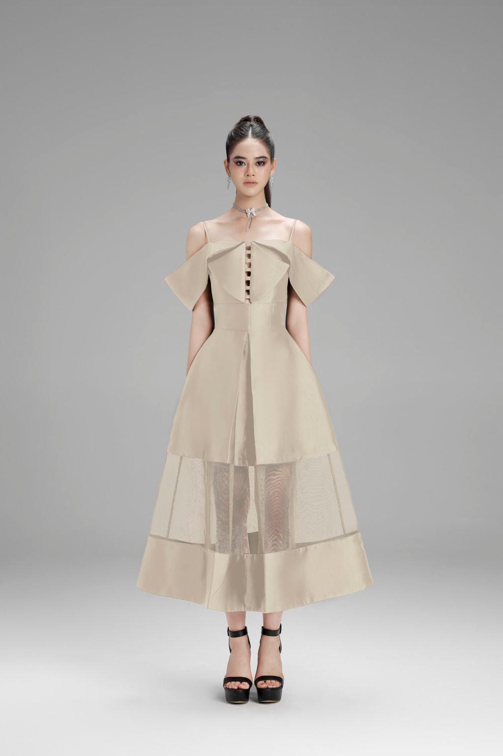 Women's Lily A-line Cold Shoulder Sleeved Taffeta Midi Dress S/M/L Black/White/Nude MEAN BLVD Women's Lily A-line Cold Shoulder Sleeved Taffeta Midi Dress S/M/L Black/White/Nude MEAN BLVD