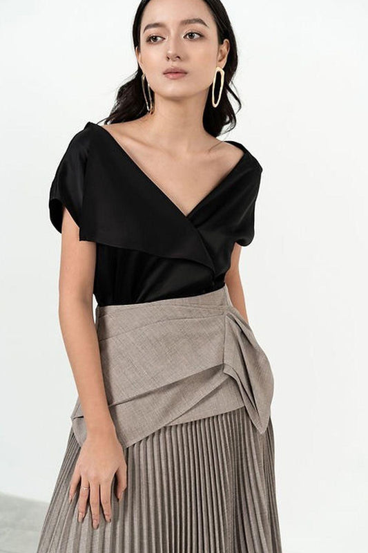 Lina Pleated Asymmetric Polyester Midi Skirt - MEAN BLVD