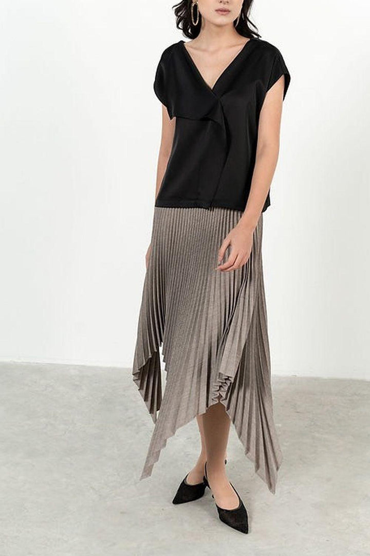 Lina Pleated Asymmetric Polyester Midi Skirt - MEAN BLVD