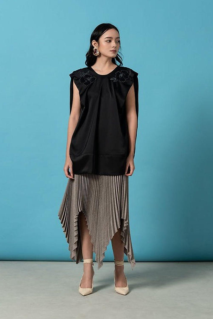 Lina Pleated Asymmetric Polyester Midi Skirt - MEAN BLVD