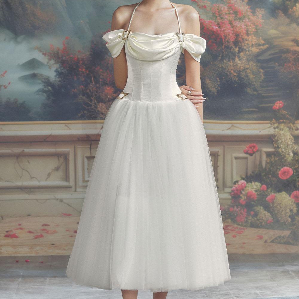 Lindsey Gathered Cold Shoulder Sleeved Mesh Silk Midi Dress - MEAN BLVD