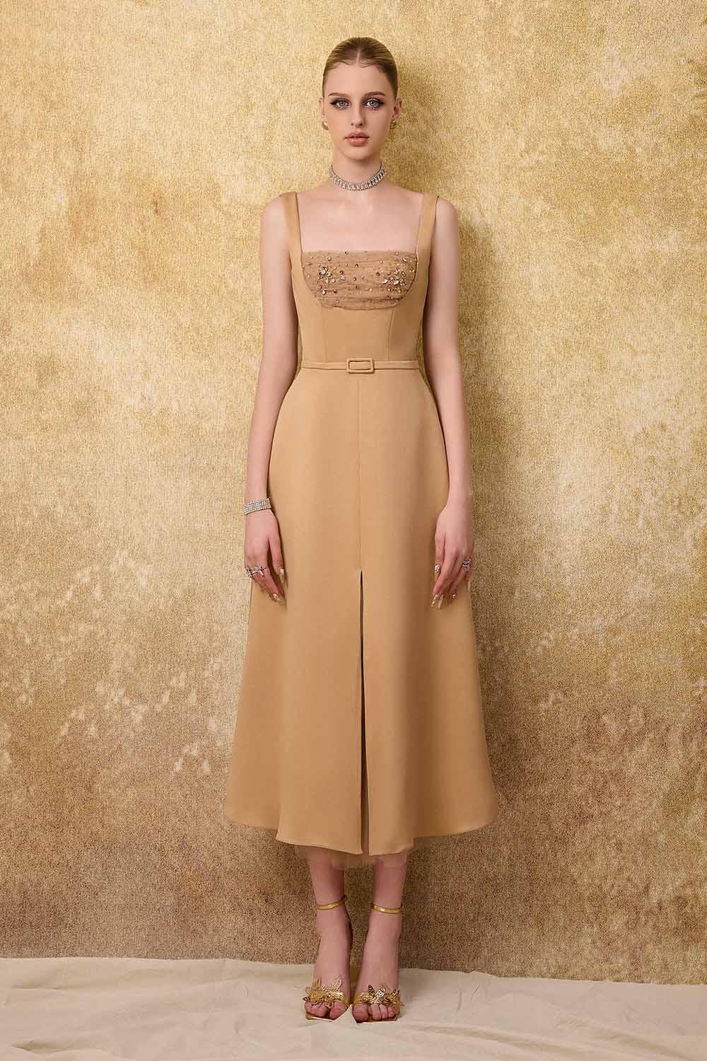 Women's Liora A-line Loose Strap Taffeta Midi Dress S/M/L/Customize Light Brown MEAN BLVD Light Brown / Customize Women's Liora A-line Loose Strap Taffeta Midi Dress S/M/L/Customize Light Brown MEAN BLVD Light Brown / Customize