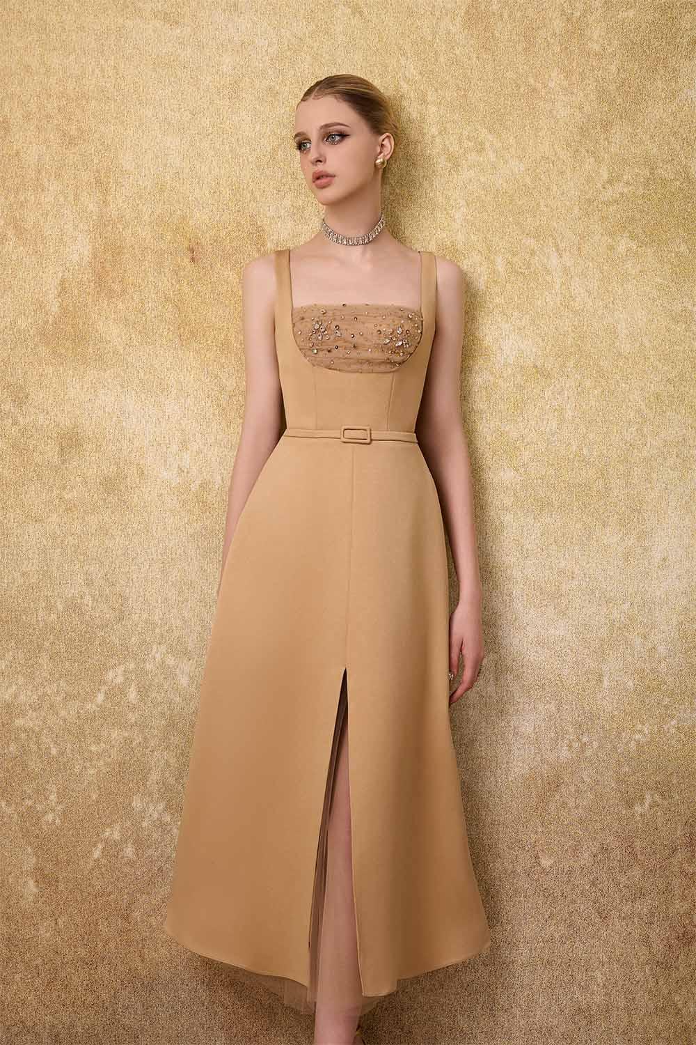 Women's Liora A-line Loose Strap Taffeta Midi Dress S/M/L/Customize Light Brown MEAN BLVD Light Brown / Customize Women's Liora A-line Loose Strap Taffeta Midi Dress S/M/L/Customize Light Brown MEAN BLVD Light Brown / Customize
