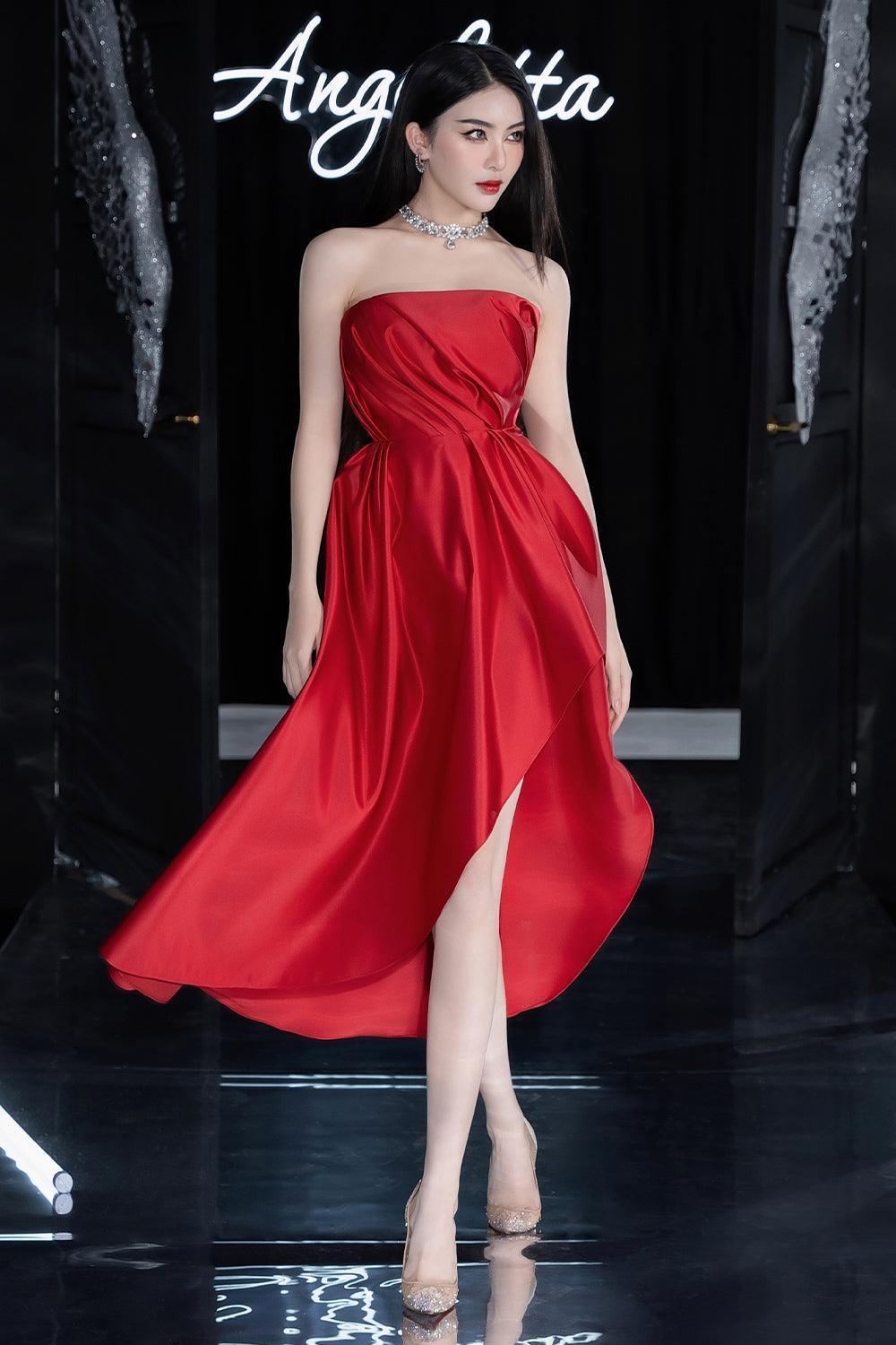 Lique Asymmetric Straight Across Neck Polyester Midi Dress - MEAN BLVD