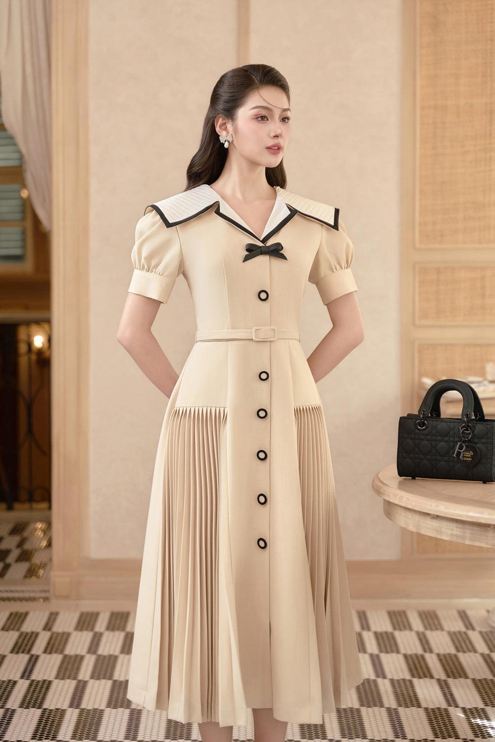 Women's Lisa A-line Puffy Sleeved Linen Cotton Midi Dress S/M/L/Customize Beige MEAN BLVD
