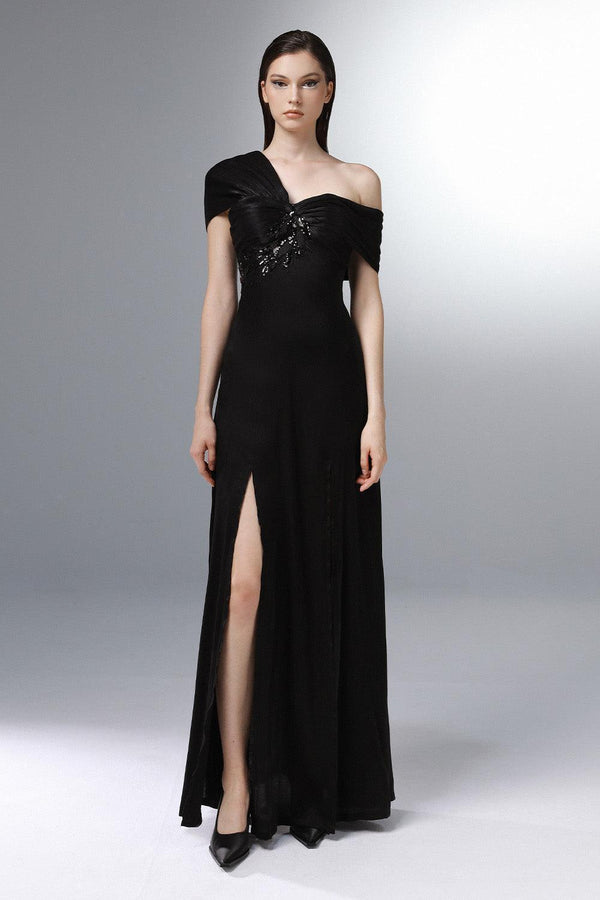 Lodestar Slit Asymmetric Sleeved Silk Floor Length Dress - MEAN BLVD