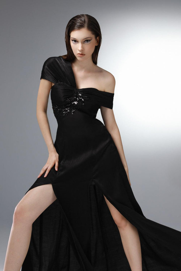 Lodestar Slit Asymmetric Sleeved Silk Floor Length Dress - MEAN BLVD