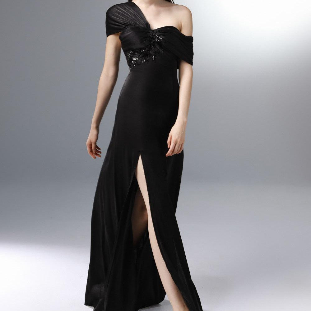 Lodestar Slit Asymmetric Sleeved Silk Floor Length Dress - MEAN BLVD
