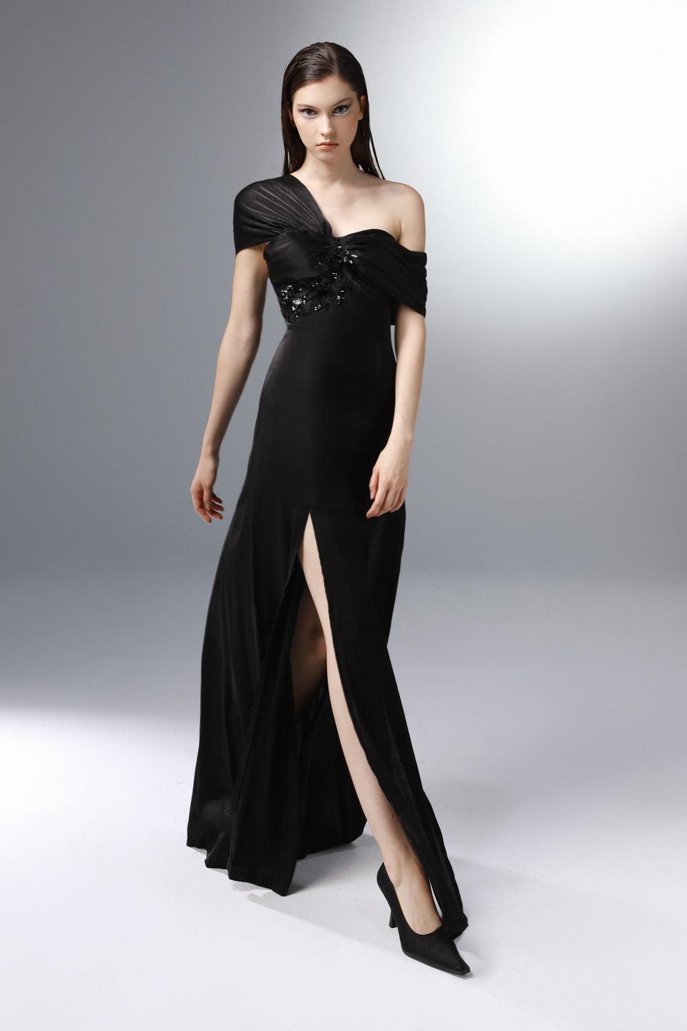 Lodestar Slit Asymmetric Sleeved Silk Floor Length Dress - MEAN BLVD