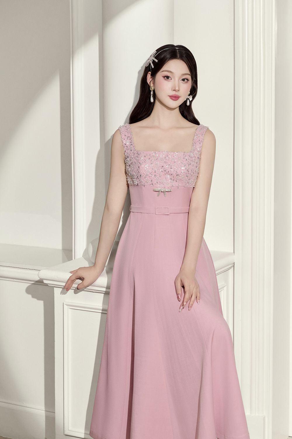 Women's Lolita Fit and Flare Square Neck Linen Cotton Midi Dress S/M/L Pink MEAN BLVD, Pink / S Women's Lolita Fit and Flare Square Neck Linen Cotton Midi Dress S/M/L Pink MEAN BLVD, Pink / S