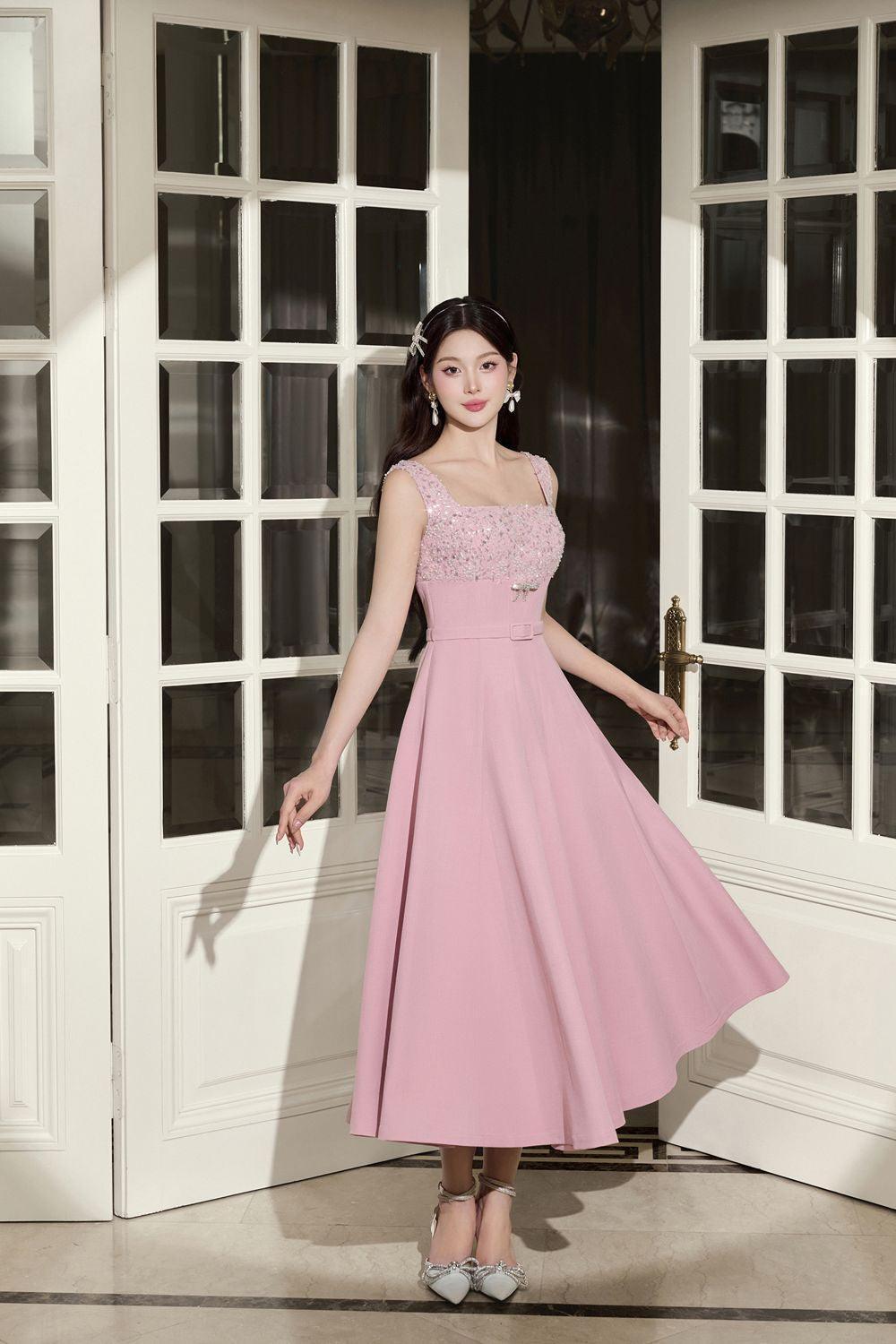 chinese dress ladies Linen Blend Square Neck Midi Halter Dress