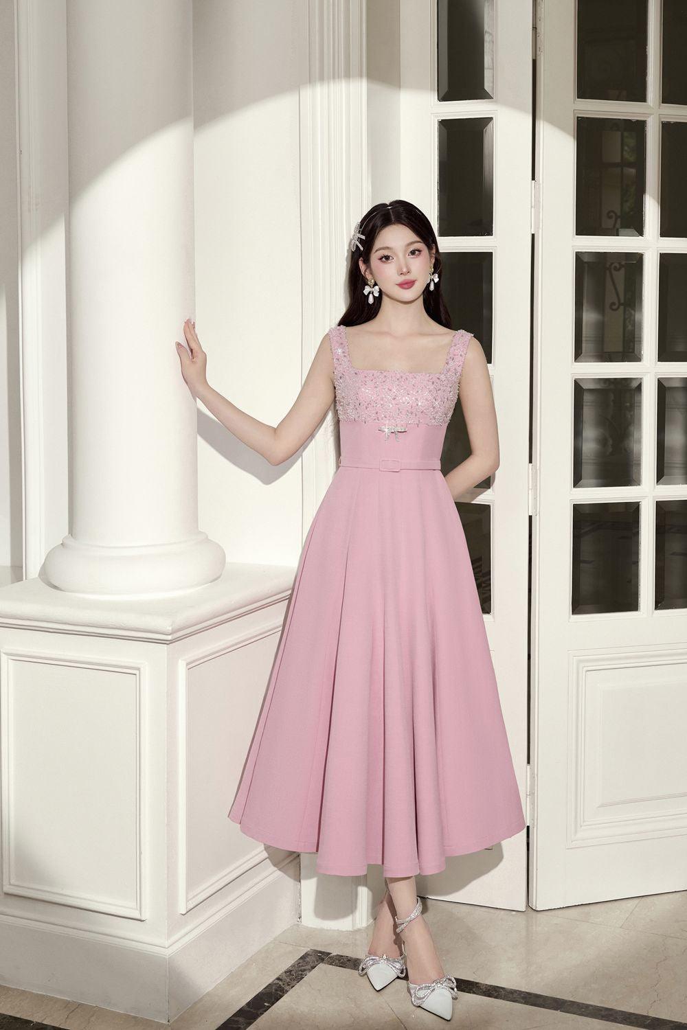 Lolita Fit and Flare Square Neck Linen Cotton Midi Dress - MEAN BLVD