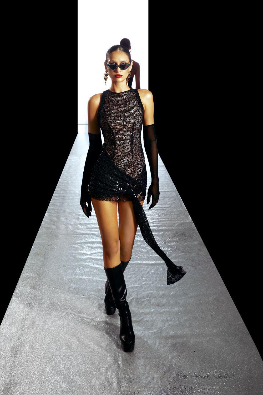 London Bodycon Sleeveless Mesh Sequin Mini Dress M / Black