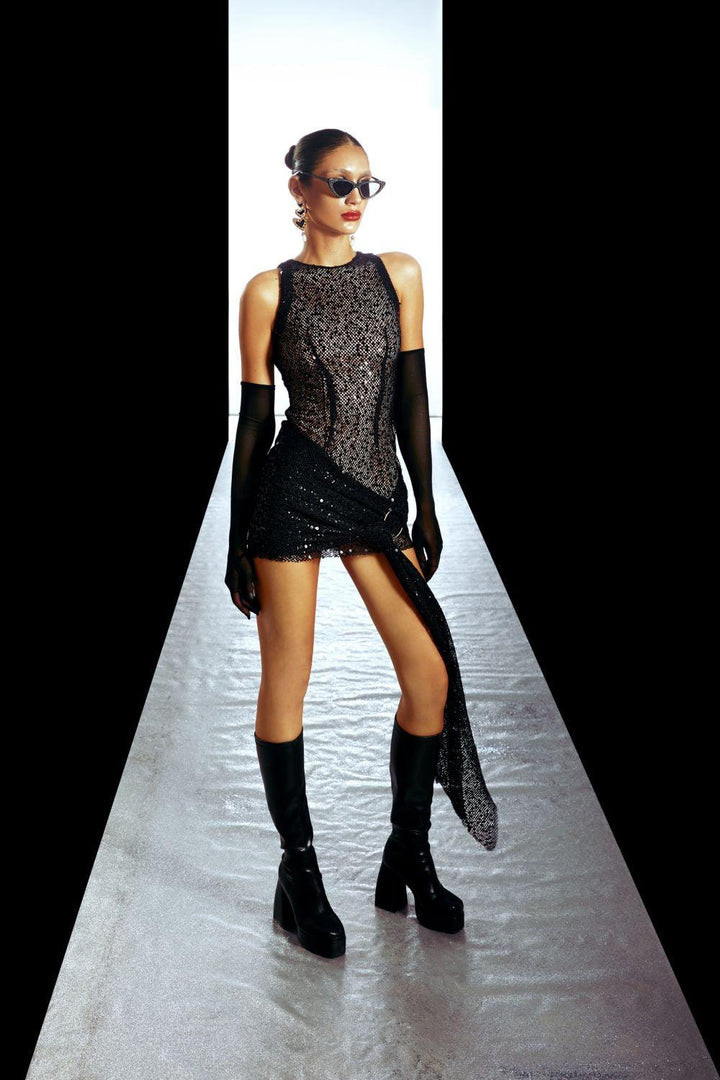 London Bodycon Sleeveless Mesh Sequin Mini Dress - MEAN BLVD