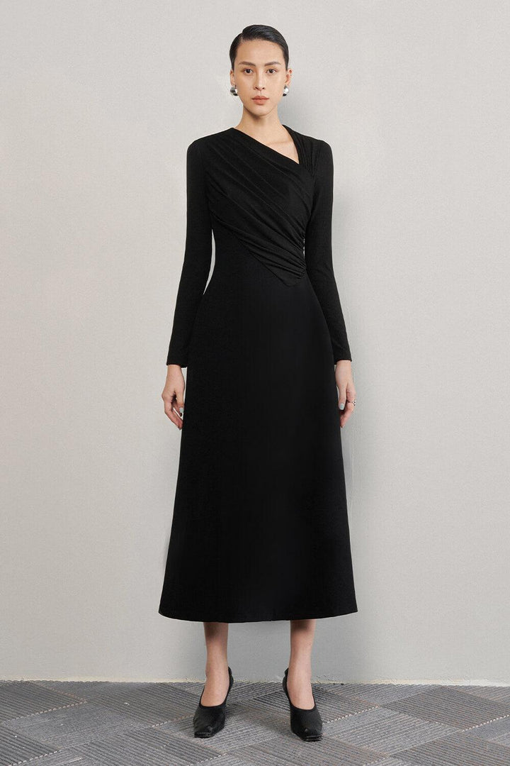 Women's Lopsided A-line Long Sleeved Crinkle Crepe Midi Dress S/M/L/XL