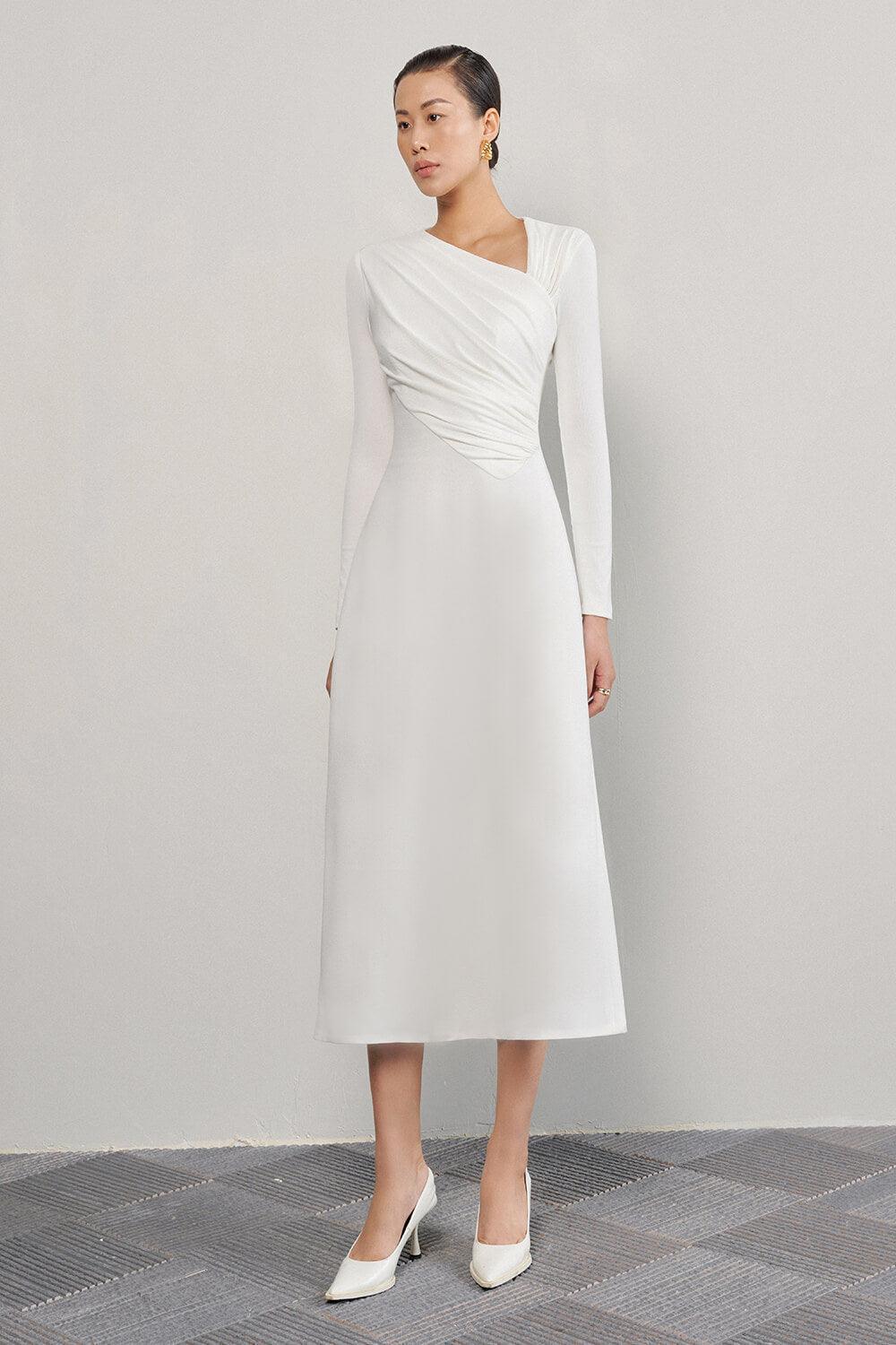 Lopsided A-line Long Sleeved Crinkle Crepe Midi Dress - MEAN BLVD