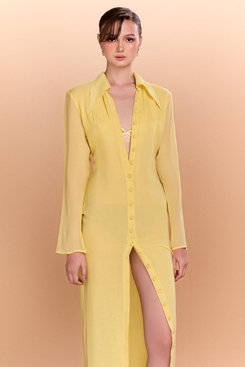 Women's Lorelei Shirt Collared Neck Chiffon Floor Length Dress Xs/S/M/L Yellow Mean Blvd Women's Lorelei Shirt Collared Neck Chiffon Floor Length Dress Xs/S/M/L Yellow Mean Blvd