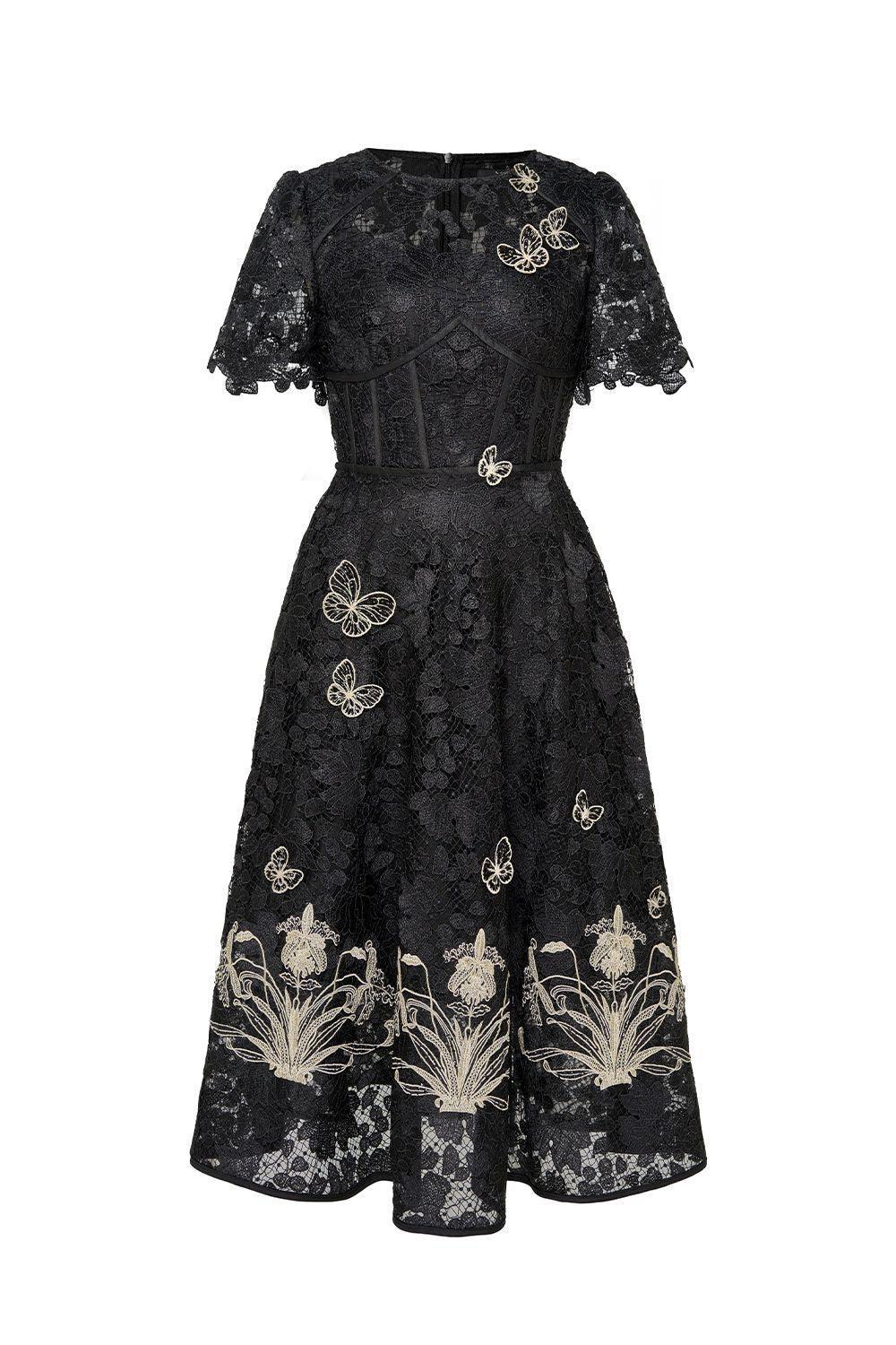 knee length dresses for ladies 3/4 Sleeves Lace Embroidered Midi Dress Burgundy / FR 40 main image 0