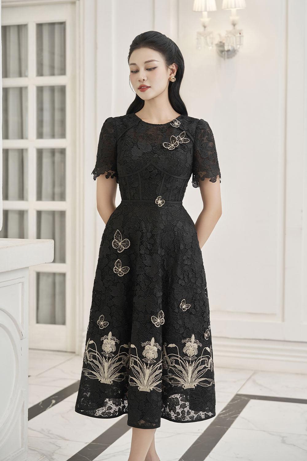 Women's Lorraine A-Line Embroidered Lace Midi Dress S/m/l/xl/xxl Black Floral Mean Blvd L / Black / Floral