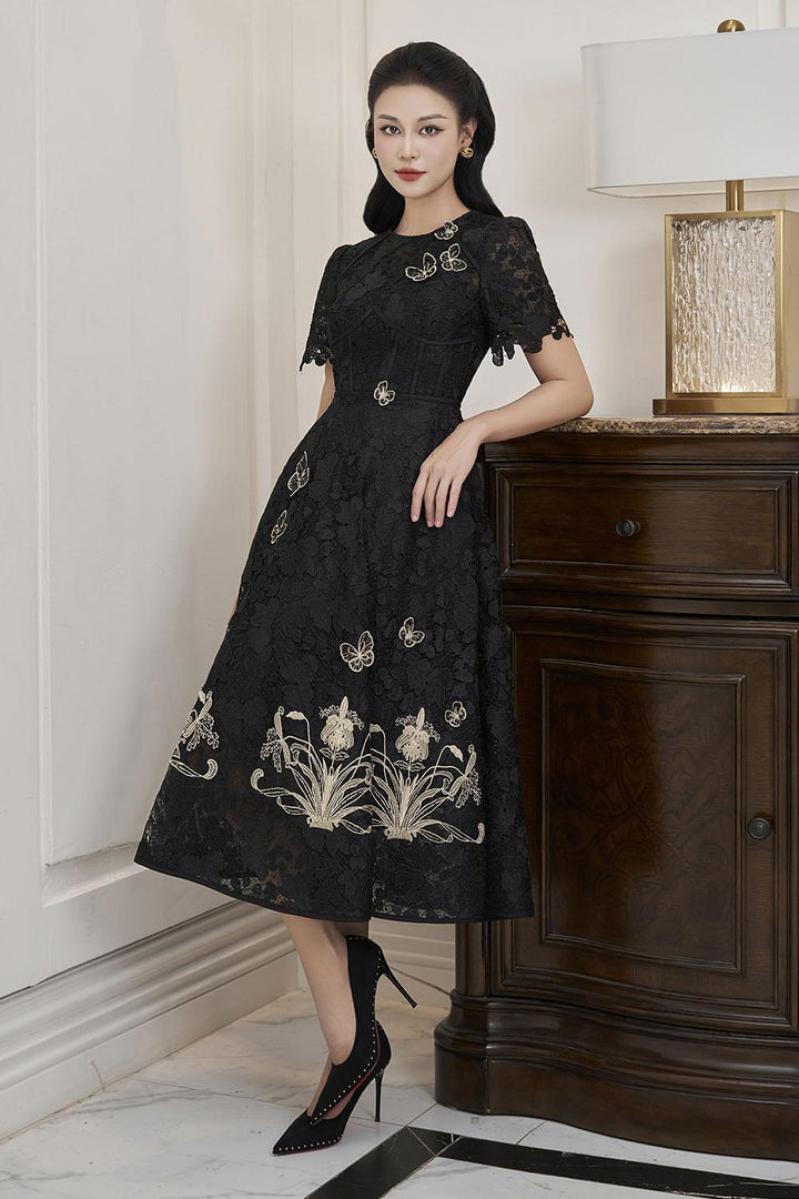 Lorraine A-line Embroidered Lace Midi Dress - MEAN BLVD