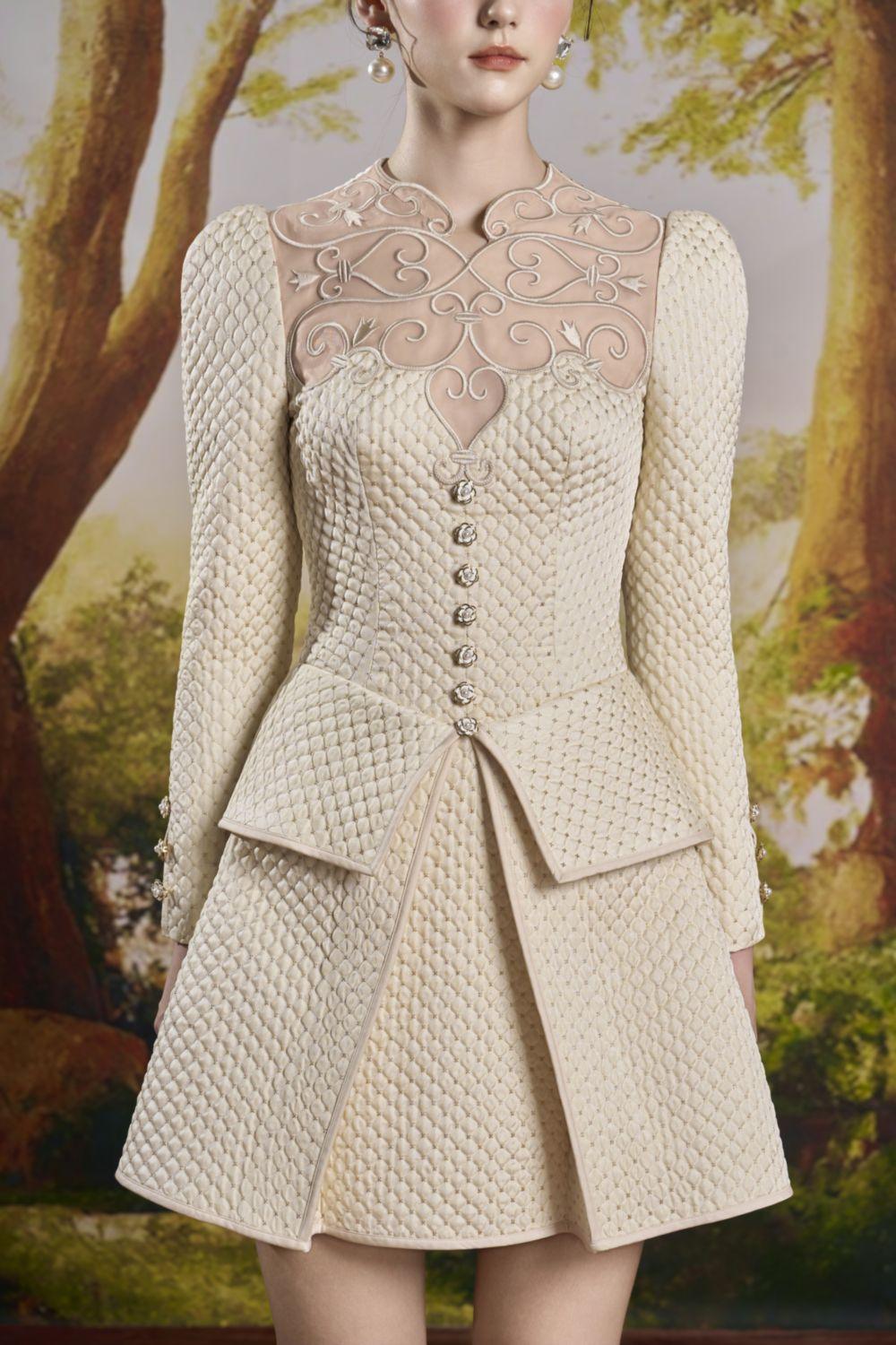 Luisa A-line Long Sleeved Tweed Mini Dress Cream / L