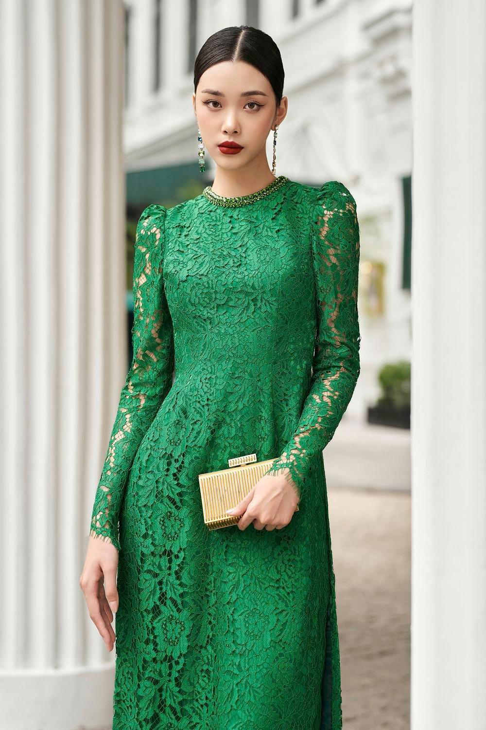 Women's Lumina Straight Stone Silk Lace Floor Length Ao Dai S/M/L/XL Dark  Green MEAN BLVD