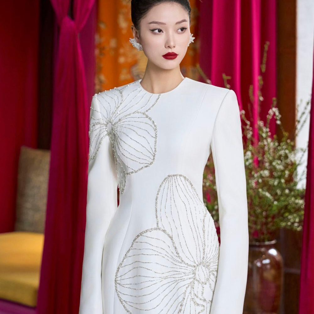 Lumins Sheath Round Neck Velvet Satin Floor Length Ao Dai - MEAN BLVD