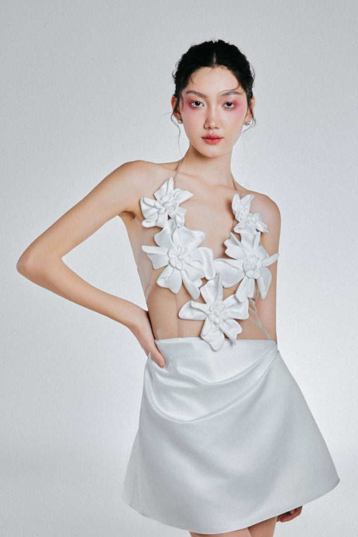 Lusia A-line Halter Neck Mesh Silk Mini Dress - MEAN BLVD