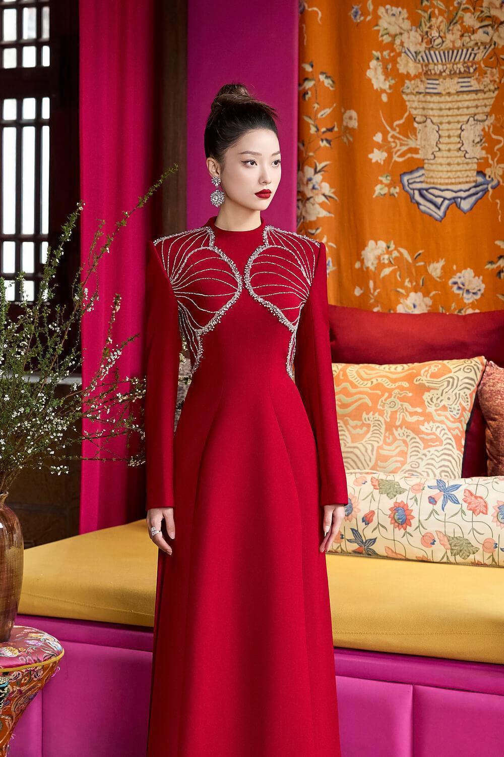 Luster A-line High Neck Velvet Satin Floor Length Ao Dai - MEAN BLVD