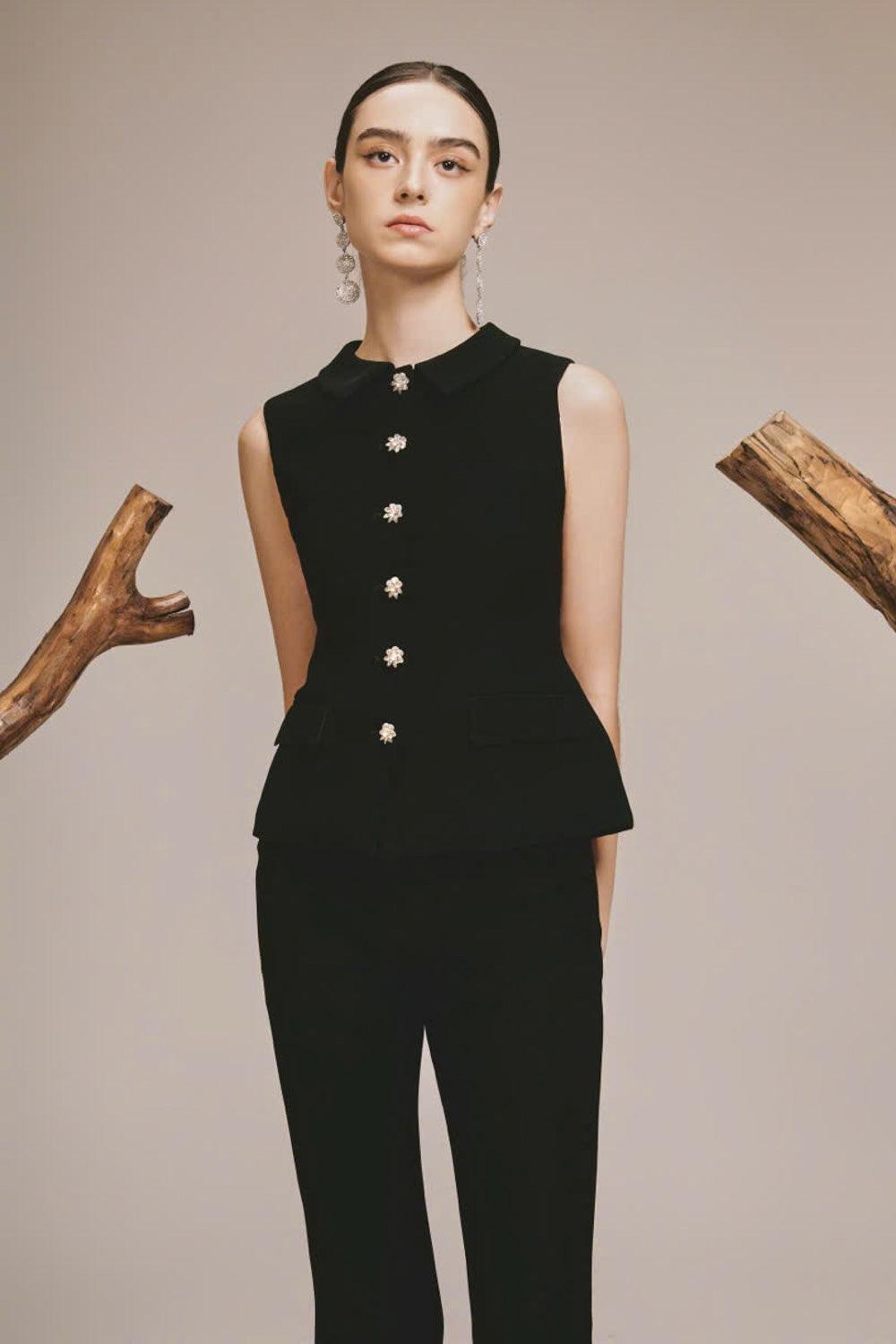 Women's Luxe Peplum Button Poly Silk Vest XS/S/M/L/Customize Black