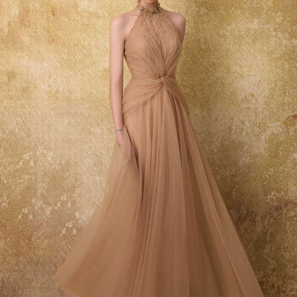 Luxueuse Flared Halter Neck Mesh Long Length Dress - MEAN BLVD