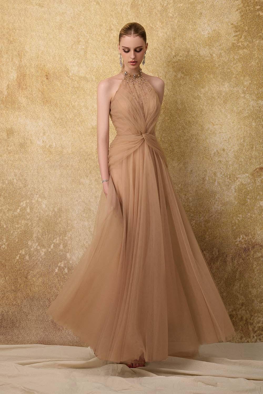 Women's Luxueuse Flared Halter Neck Mesh Long Length Dress S/M/L/Customize Brown MEAN BLVD Brown / M Women's Luxueuse Flared Halter Neck Mesh Long Length Dress S/M/L/Customize Brown MEAN BLVD Brown / M