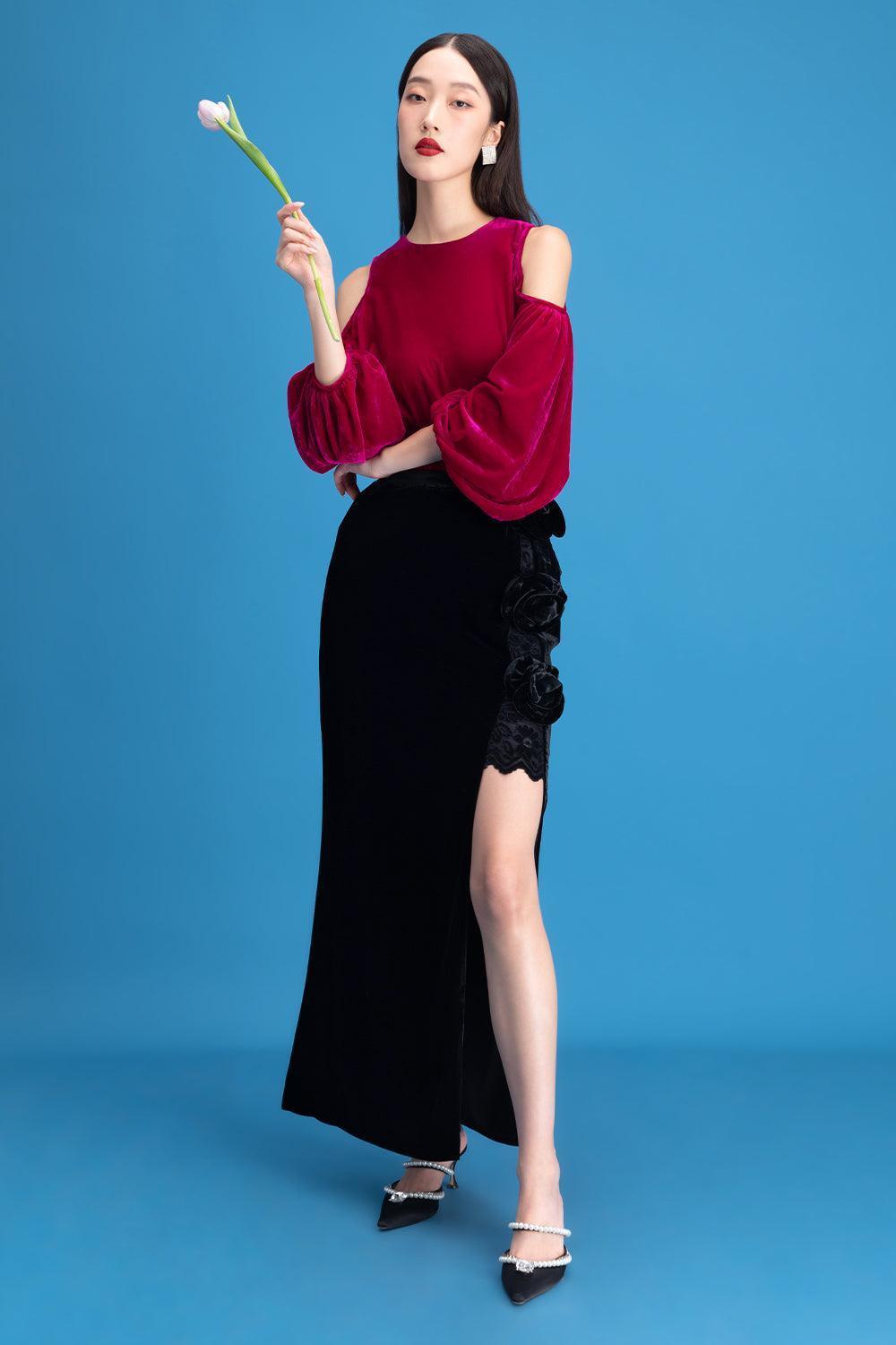 Lyra Asymmetric Side Slit Velvet Ankle Length Skirt - MEAN BLVD