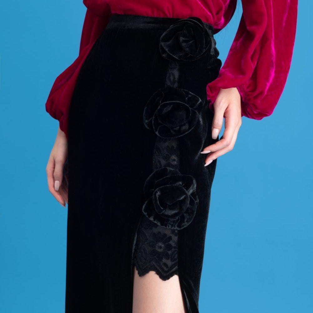 Lyra Asymmetric Side Slit Velvet Ankle Length Skirt - MEAN BLVD