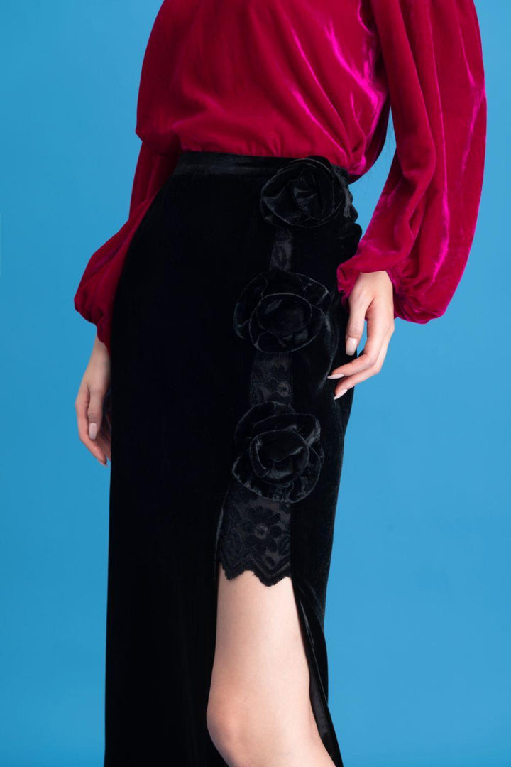 Lyra Asymmetric Side Slit Velvet Ankle Length Skirt - MEAN BLVD