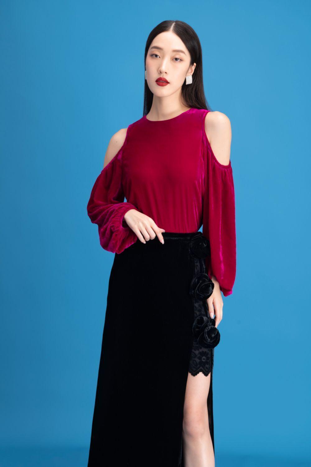 Lyra Asymmetric Side Slit Velvet Ankle Length Skirt - MEAN BLVD