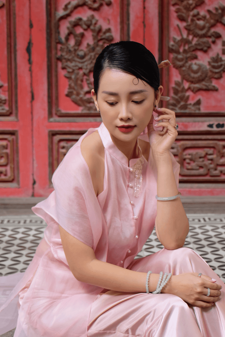 Ma Nha Slit Mandarin Neck Silk Organza Floor Length Ao Dai - MEAN BLVD