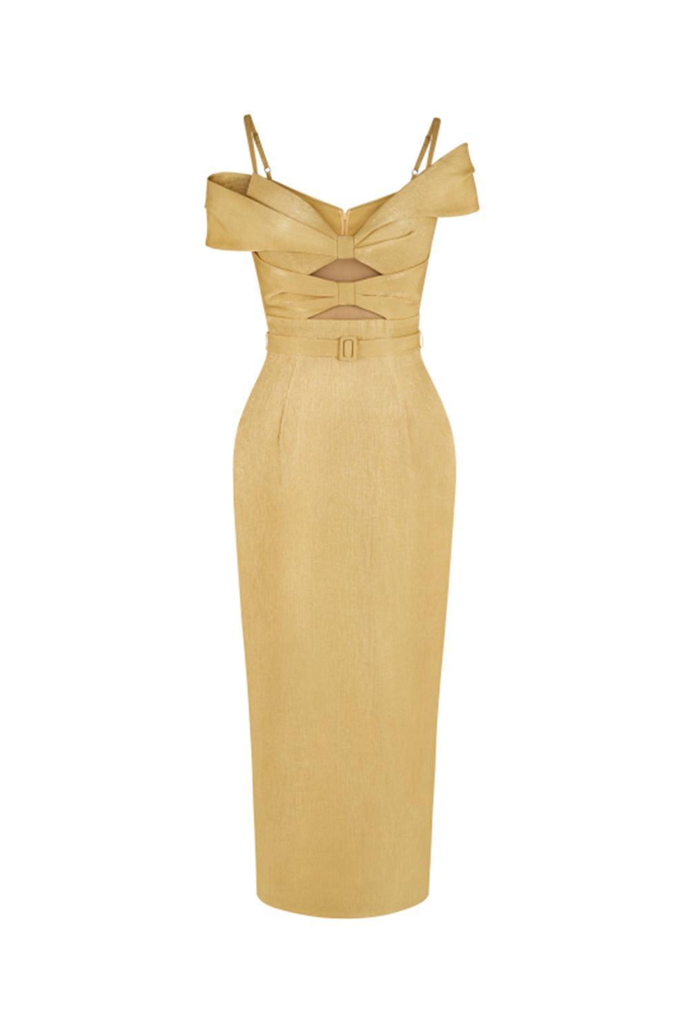 Madalena Pegged Cold Shoulder Sleeved Polyester Silk Midi Dress - MEAN BLVD