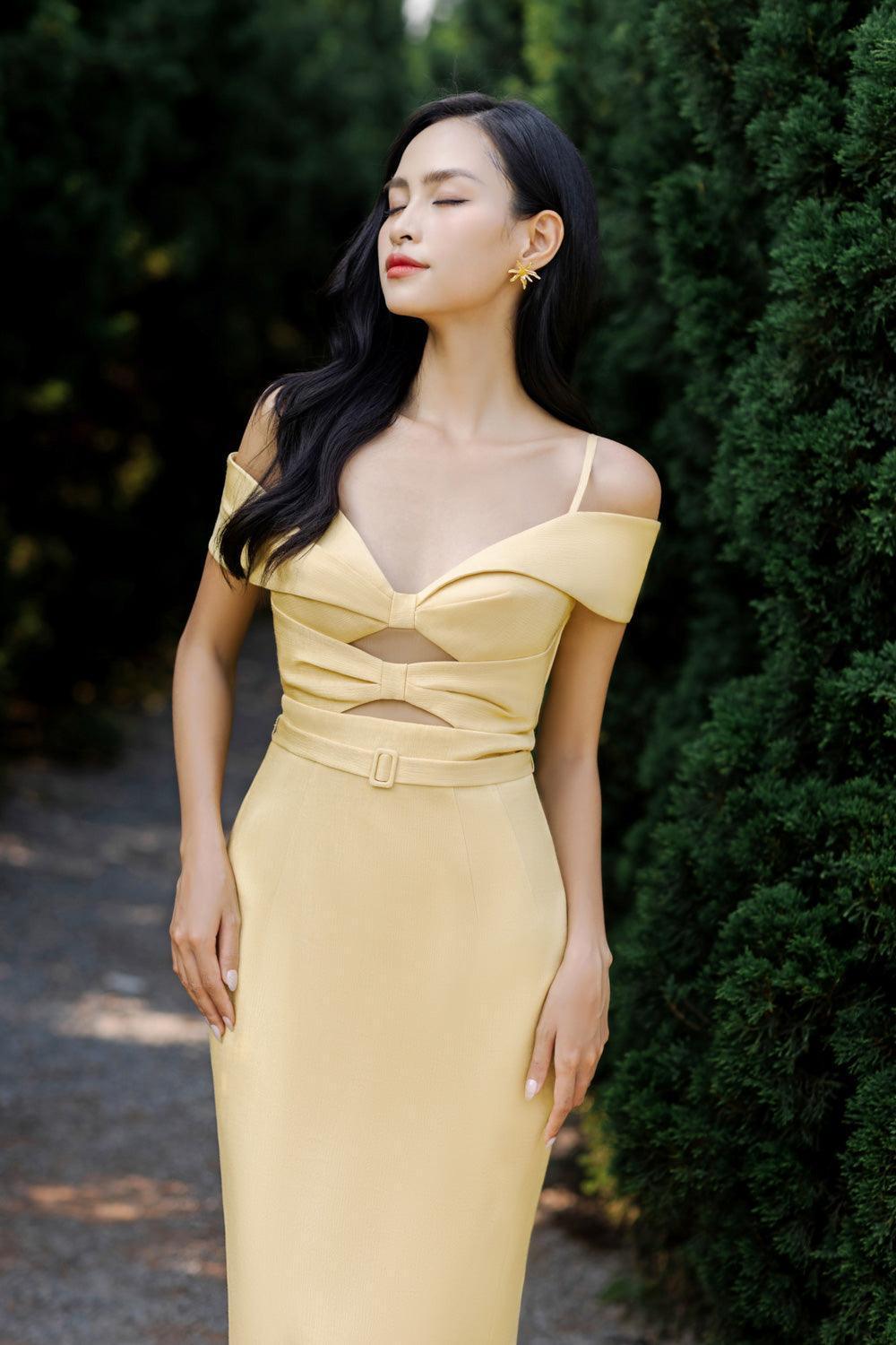 Madalena Pegged Cold Shoulder Sleeved Polyester Silk Midi Dress - MEAN BLVD