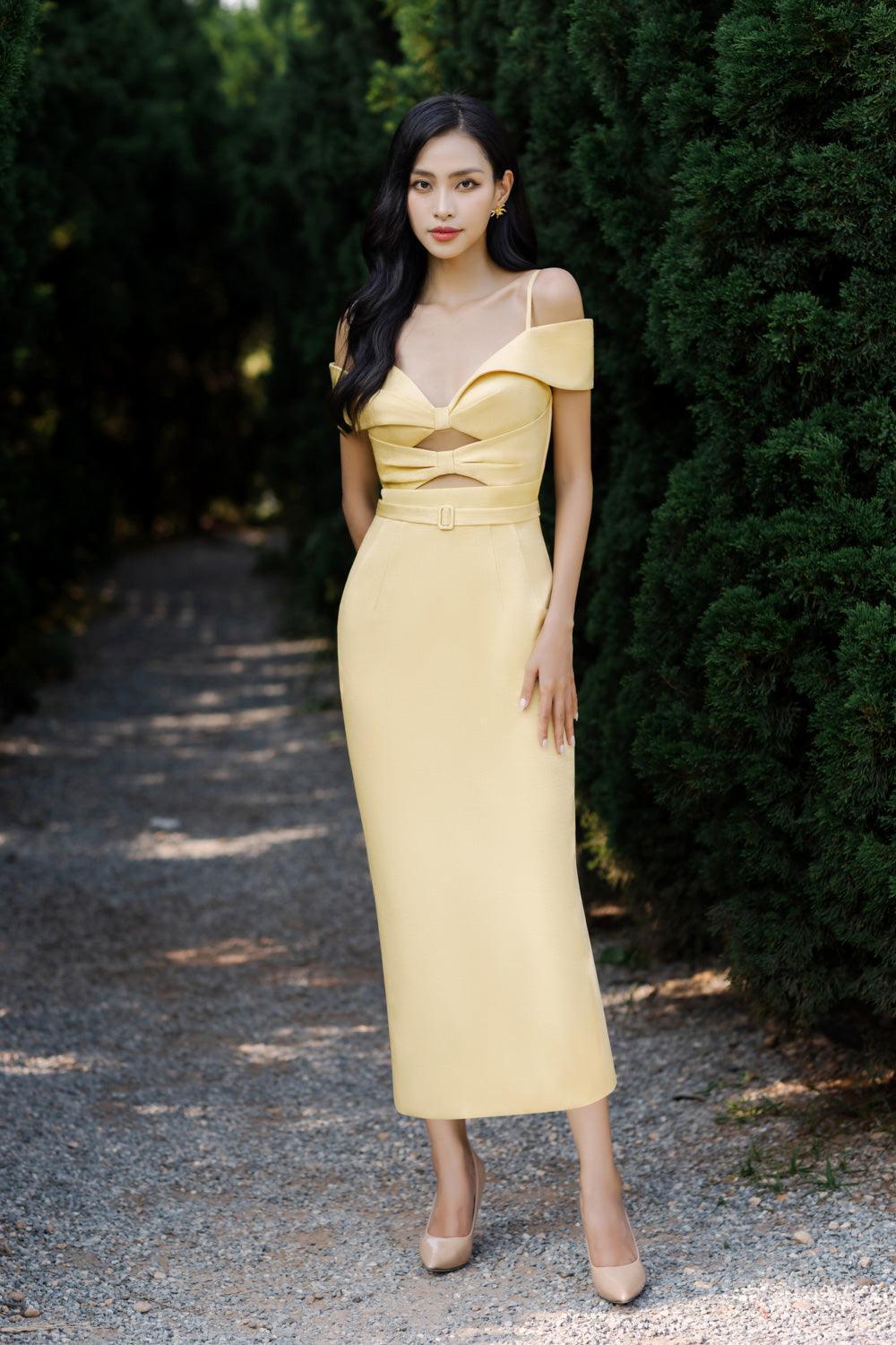 Madalena Pegged Cold Shoulder Sleeved Polyester Silk Midi Dress - MEAN BLVD