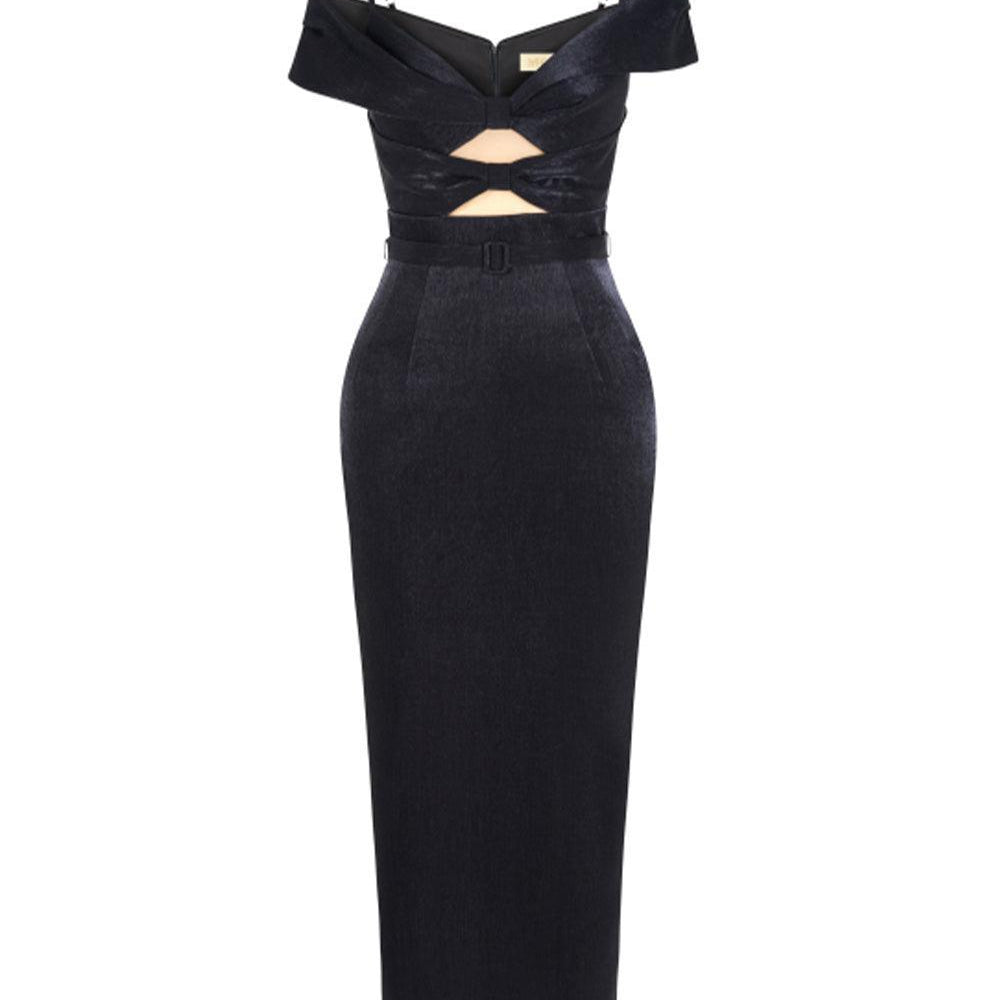 Madalena Pegged Cold Shoulder Sleeved Polyester Silk Midi Dress - MEAN BLVD