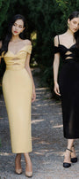 Madalena Pegged Cold Shoulder Sleeved Polyester Silk Midi Dress - MEAN BLVD