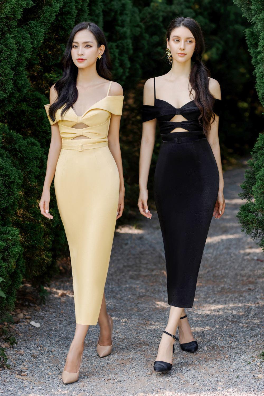 Madalena Pegged Cold Shoulder Sleeved Polyester Silk Midi Dress - MEAN BLVD