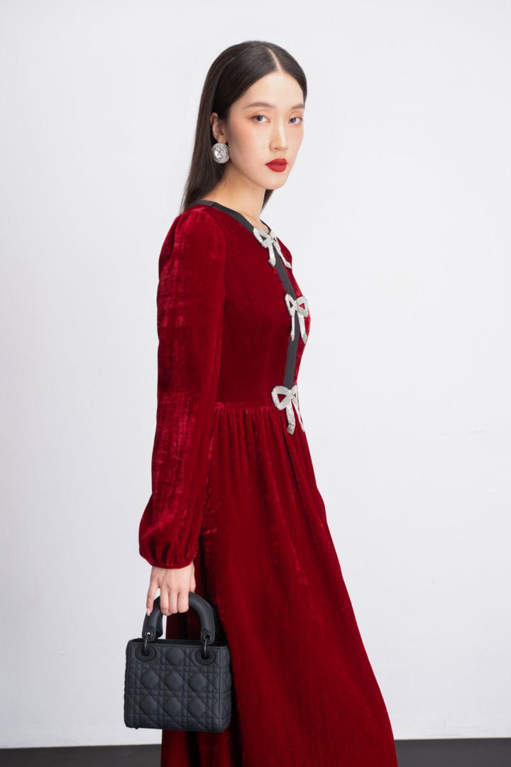 Maddie A-line Puffy Sleeved Velvet Midi Dress - MEAN BLVD