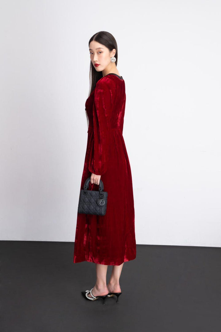 Maddie A-line Puffy Sleeved Velvet Midi Dress - MEAN BLVD