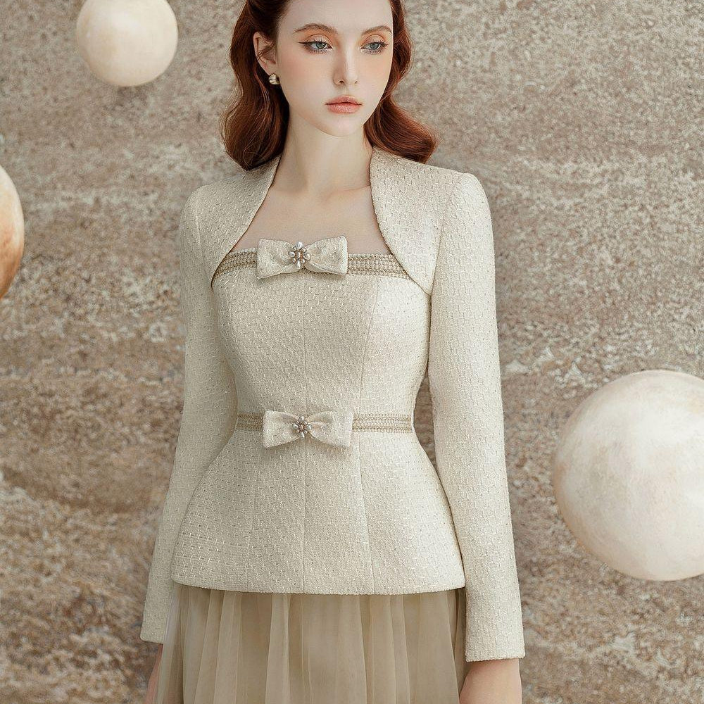 Maddy Peplum Queen Anne Neck Tweed Top - MEAN BLVD